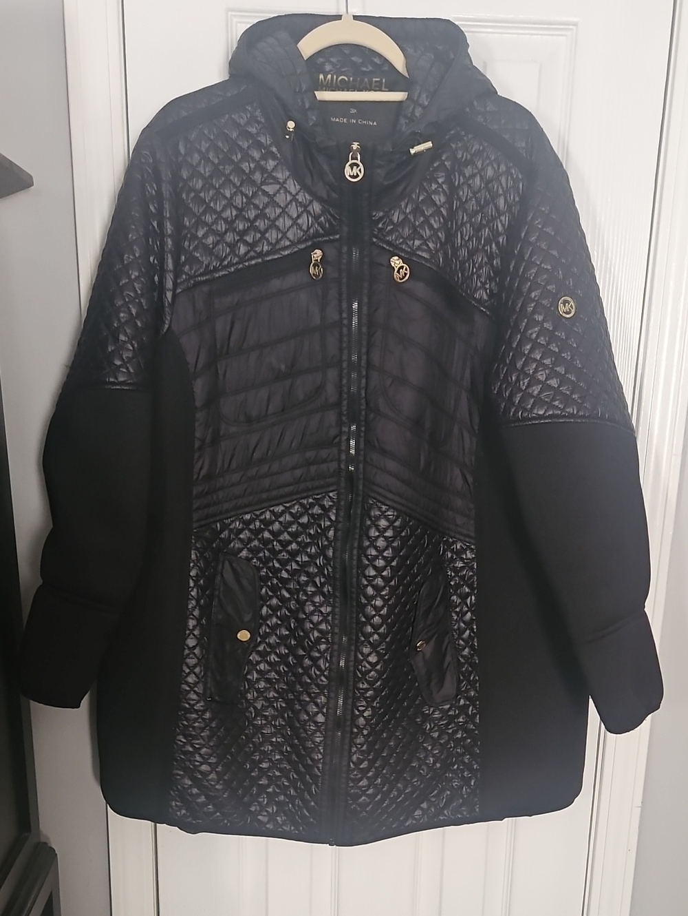 MICHAEL Michael Kors Black Quilted Hooded Mixed Media  Coat with Gold Hardware